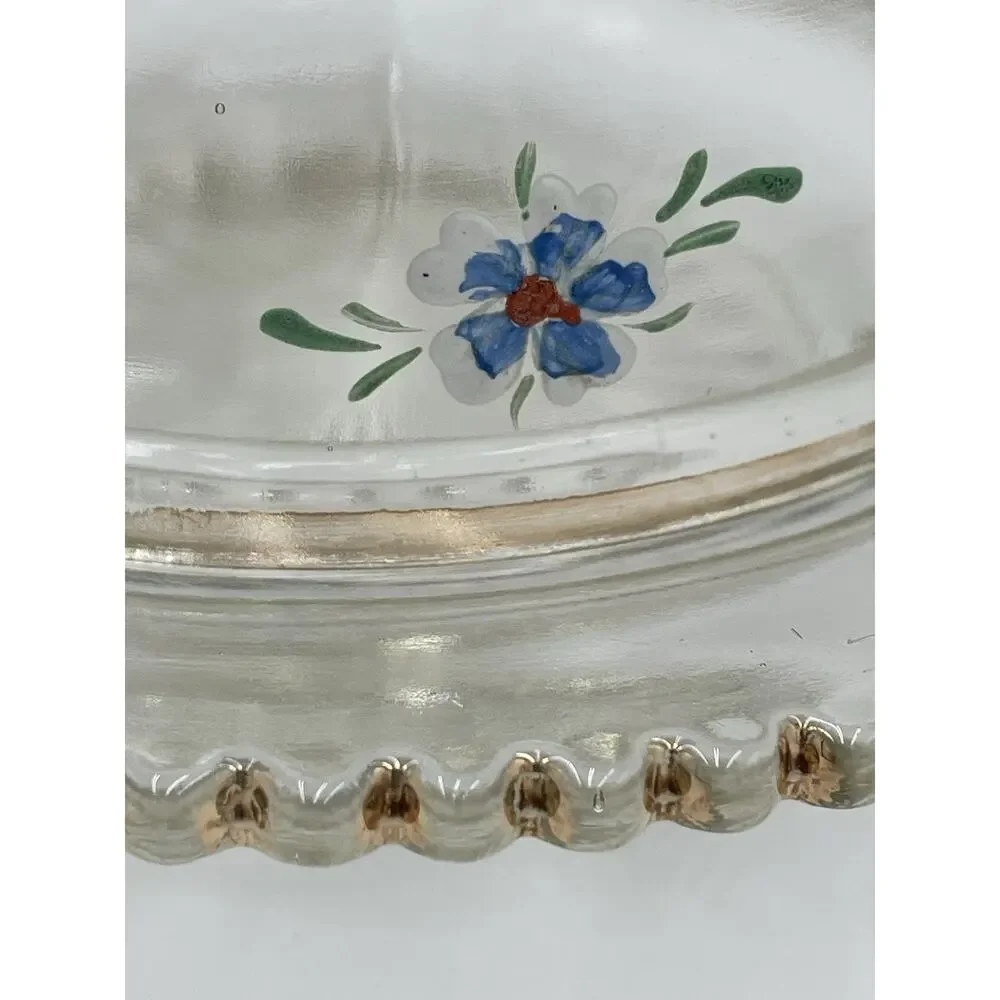 Vintage Glass Dome Butter Dish Hand Painted Blue Flowers Gold Trim